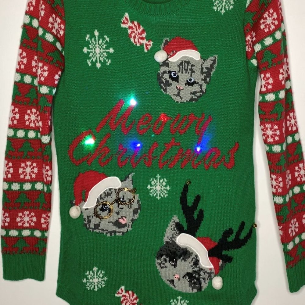 Meowy Christmas Sweater Med Jr Twinkling Jingling